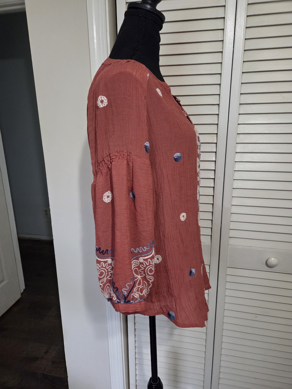 Embroidered Rust Blouse with Blue Accents - Picture 3 of 7